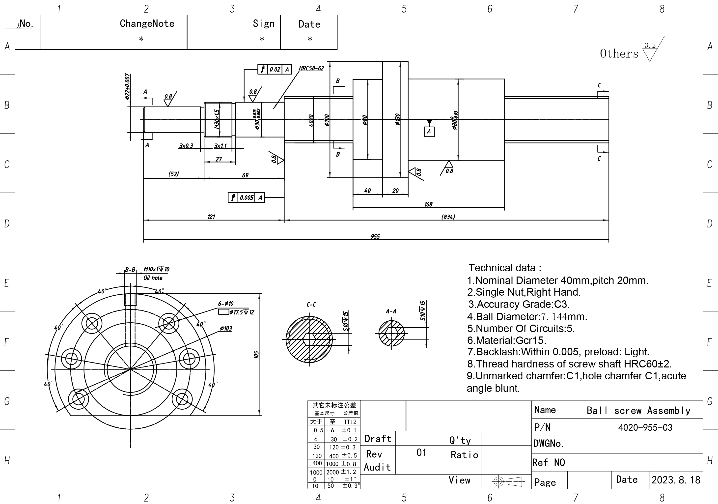 Производитель: VF</br>Шарико-винтовые передачи d 40 pitch 20 length 955 C3 preload 5 2 starts (acc.drw) VF
