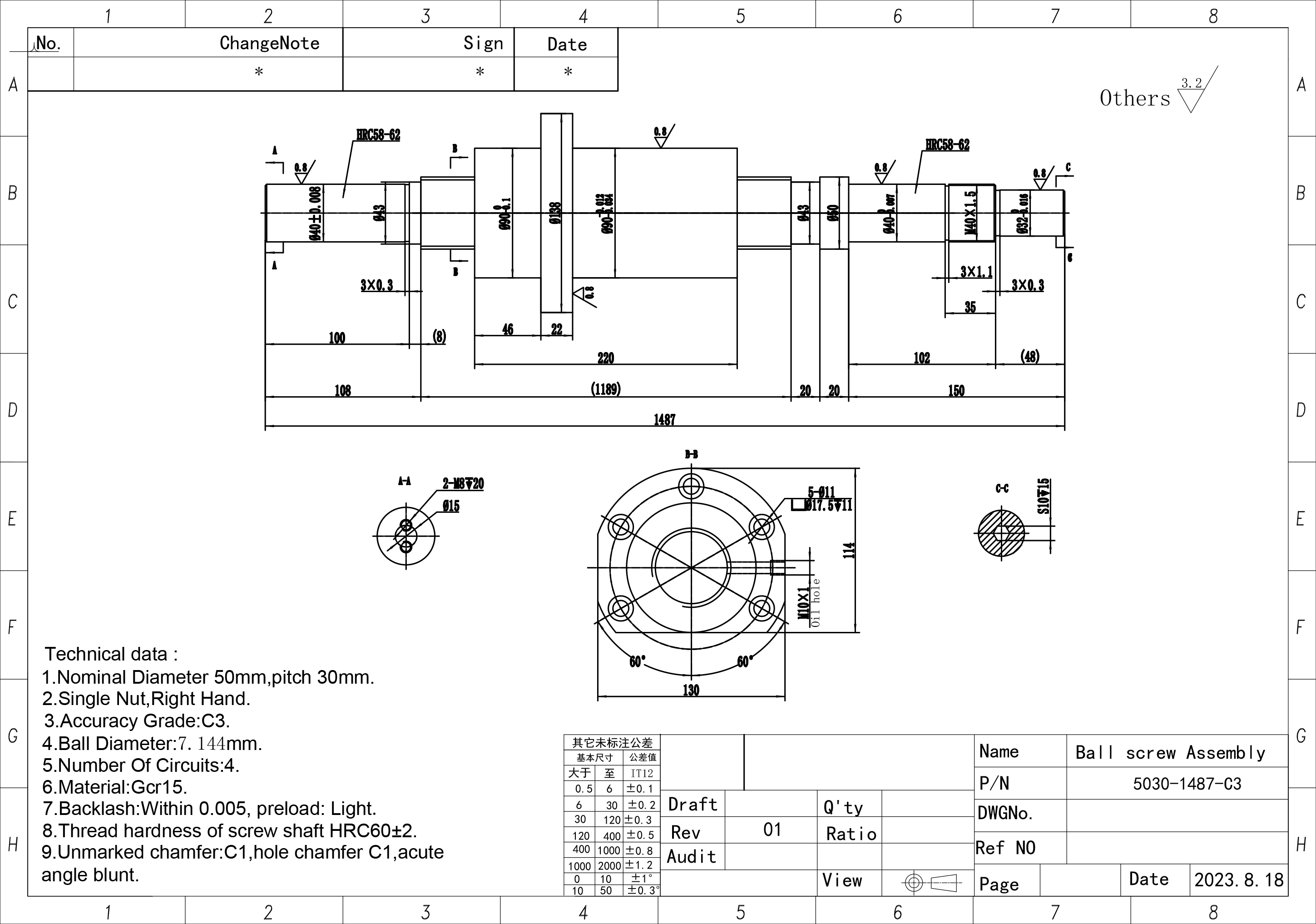 Производитель: VF</br>Шарико-винтовые передачи d 50 pitch 30 length 1487 C3 preload 5 2 starts (acc.drw) VF
