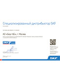 Сертификат специализированного дистрибьютора SKF в категории 'Продукция и сервис для морского бизнеса'